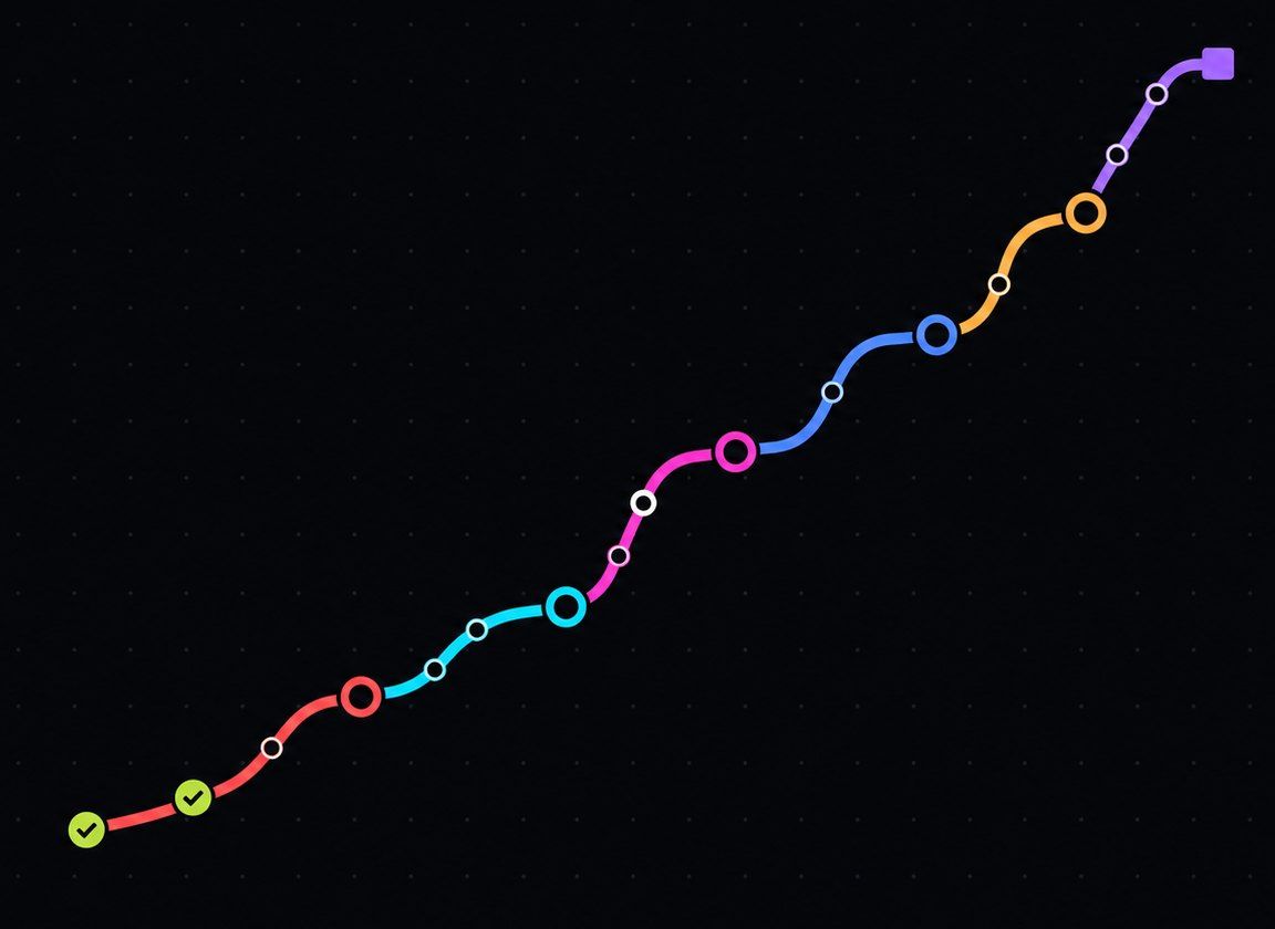 El recorrido del curso dibujado como un plano de metro: seis líneas de colores, de la primera estación a la web publicada